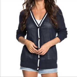5/$20 Roxy City Escape Navy White Stripe Button Open Knit Cardigan Sweater-M